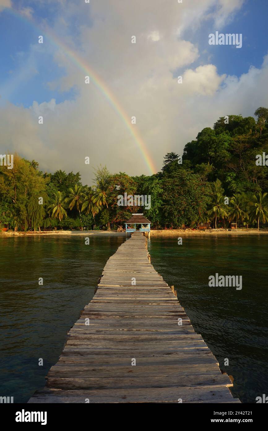 Molo di legno a Kadidiri Paradise, Isole Togean, Sulawesi centrale, Indonesia. No MR o PR Foto Stock