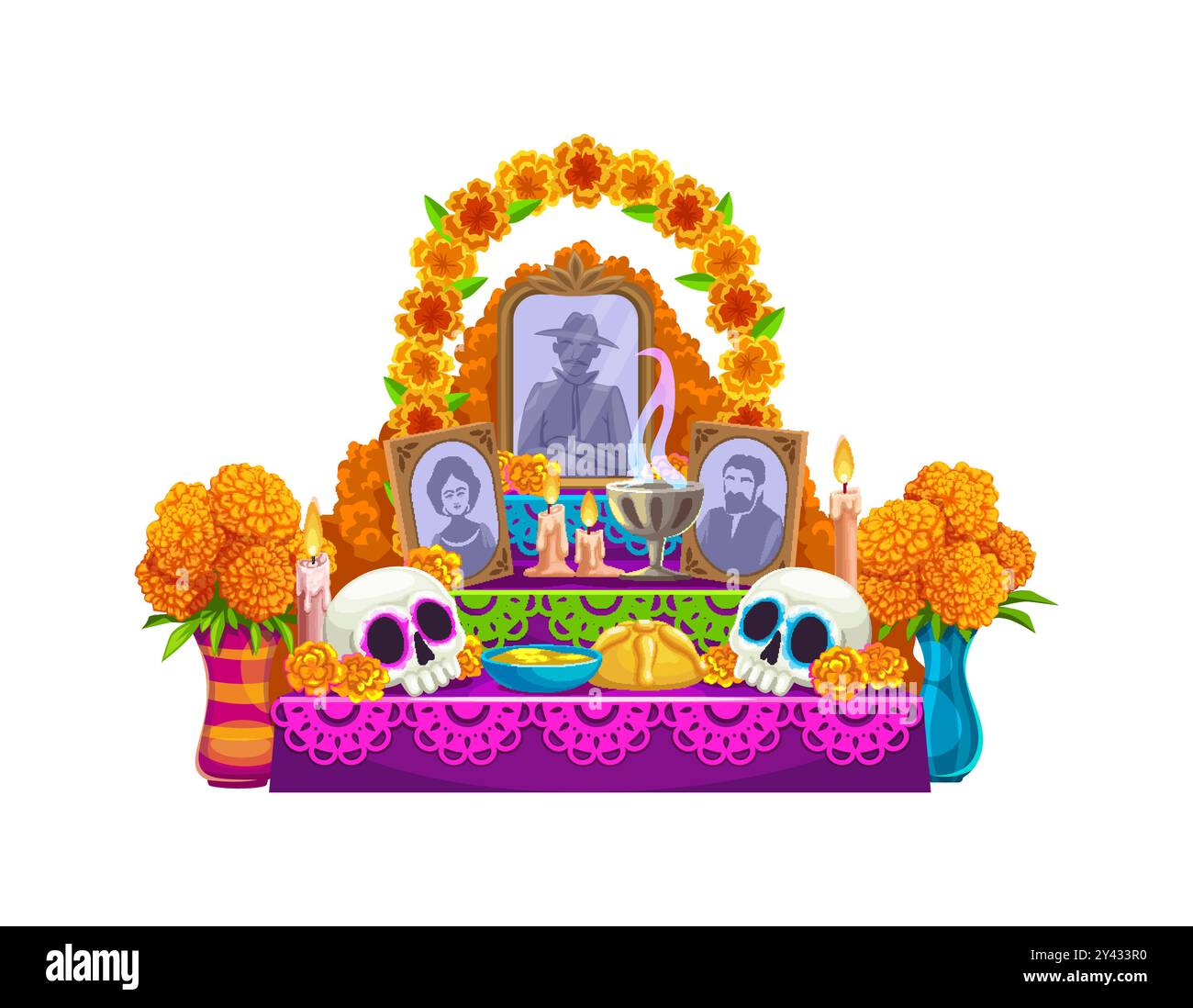 Il giorno dei cartoni animati della morte dia de los muertos altare messicano ofrenda con fiori di calendula, cibo, candele, teschi di zucchero e foto di antenati che simboleggiano il ricordo, la cultura e il rispetto ancestrale Illustrazione Vettoriale