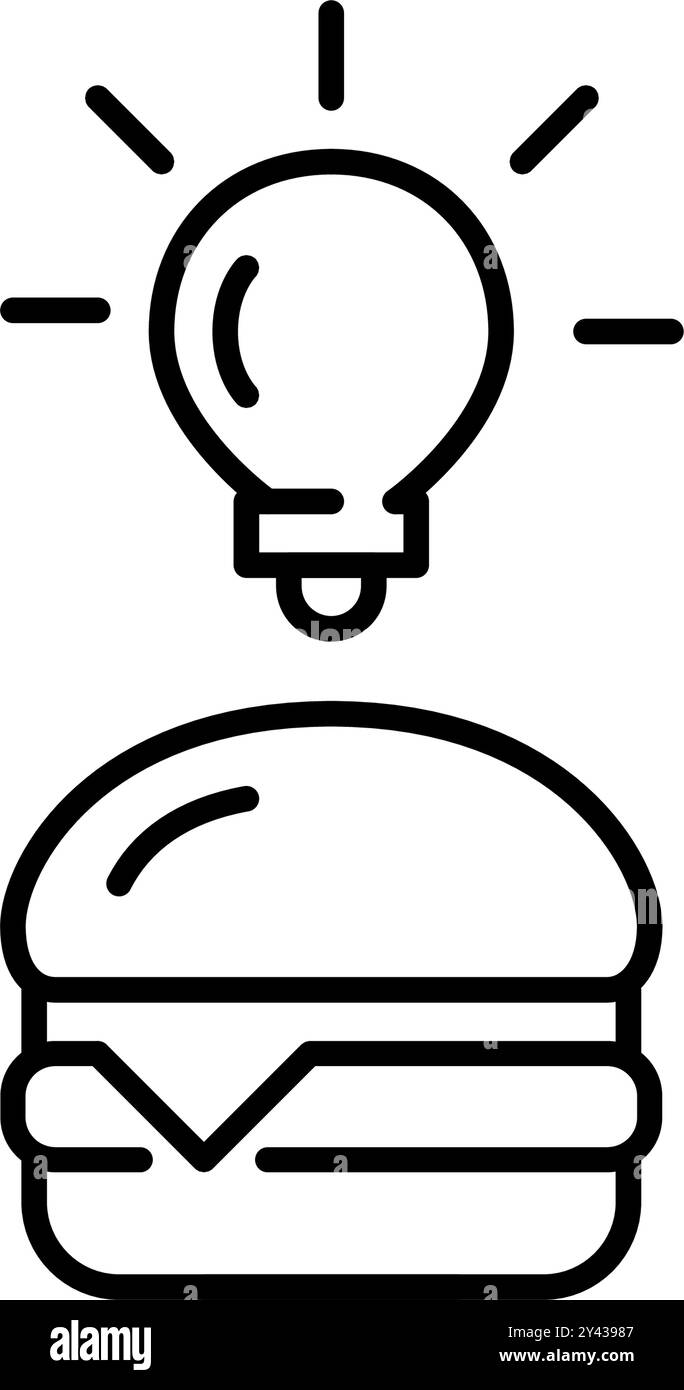 Cheeseburger e lampadina. Idee per la consegna di alimenti, app intelligente. Pixel Perfect, icona del vettore di traccia modificabile Illustrazione Vettoriale