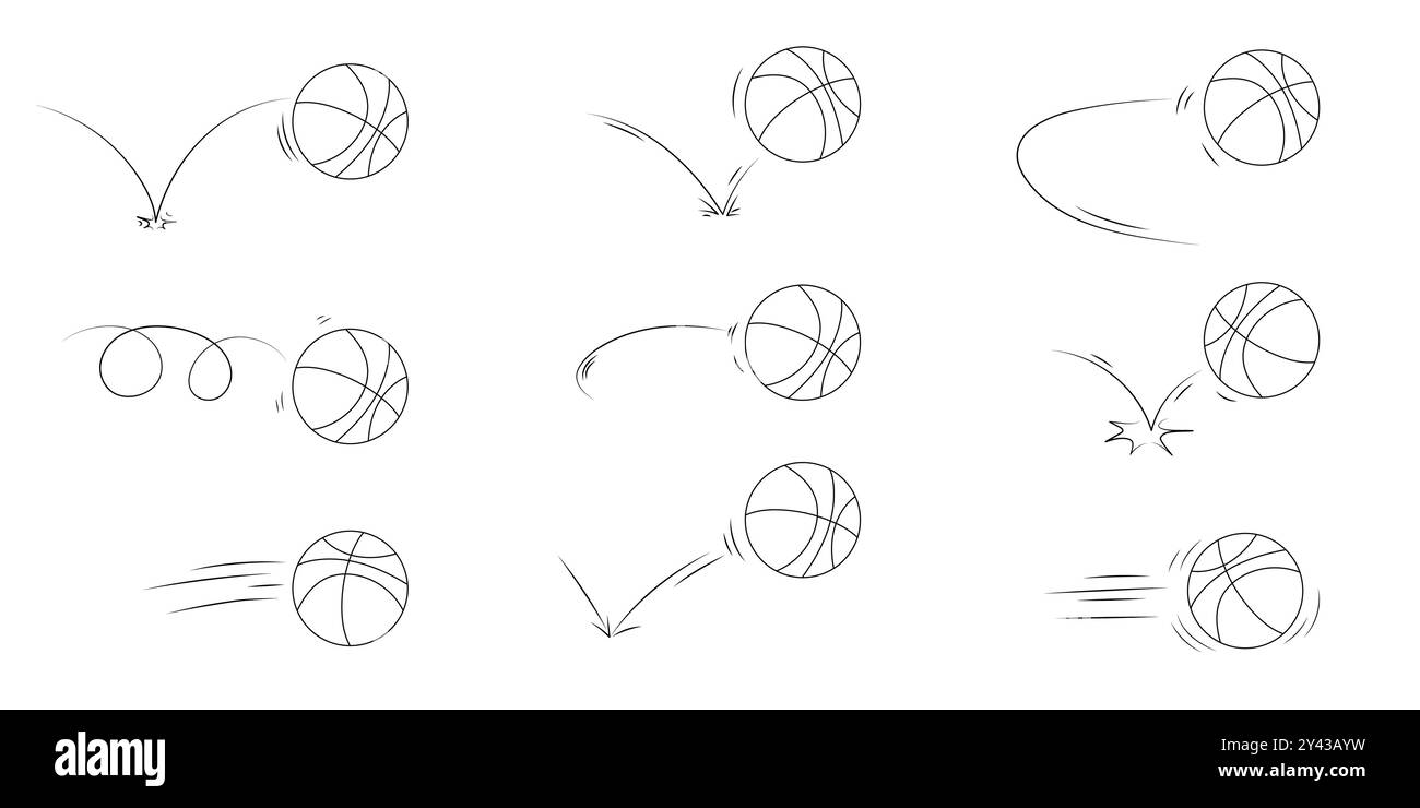 Doodle sport basket trajectory Bounce Collection. Set di sfere disegnate a mano Illustrazione Vettoriale