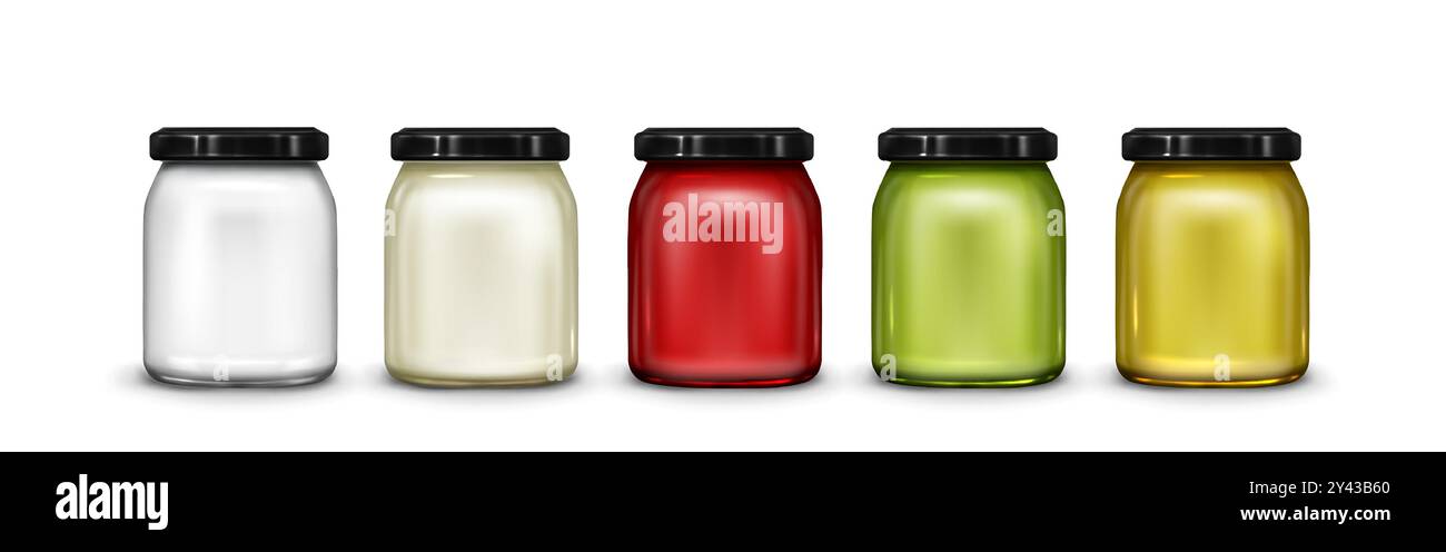 Set di vaschette in vetro con coperchi a vite isolati su sfondo bianco. Illustrazione vettoriale realistica di contenitori colorati per marmellata, maionese, salsa al pesto, miele o vernice, mockup di pentole per la conservazione degli alimenti in scatola Illustrazione Vettoriale