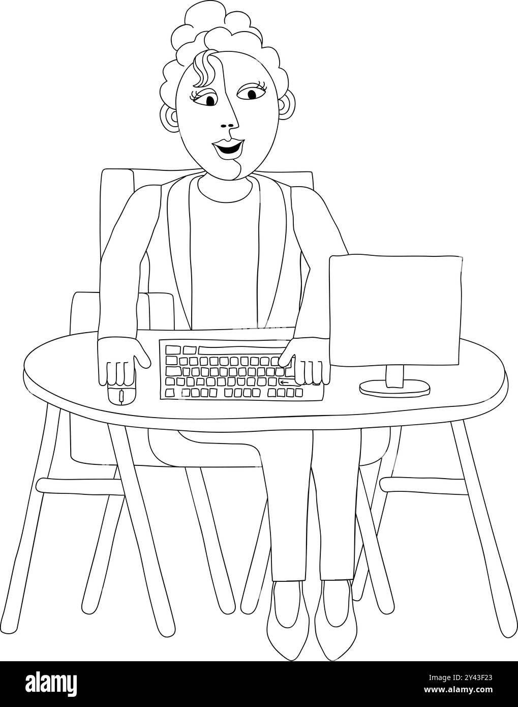 Donna che lavora dietro una workstation per computer da tavolo Illustrazione Vettoriale