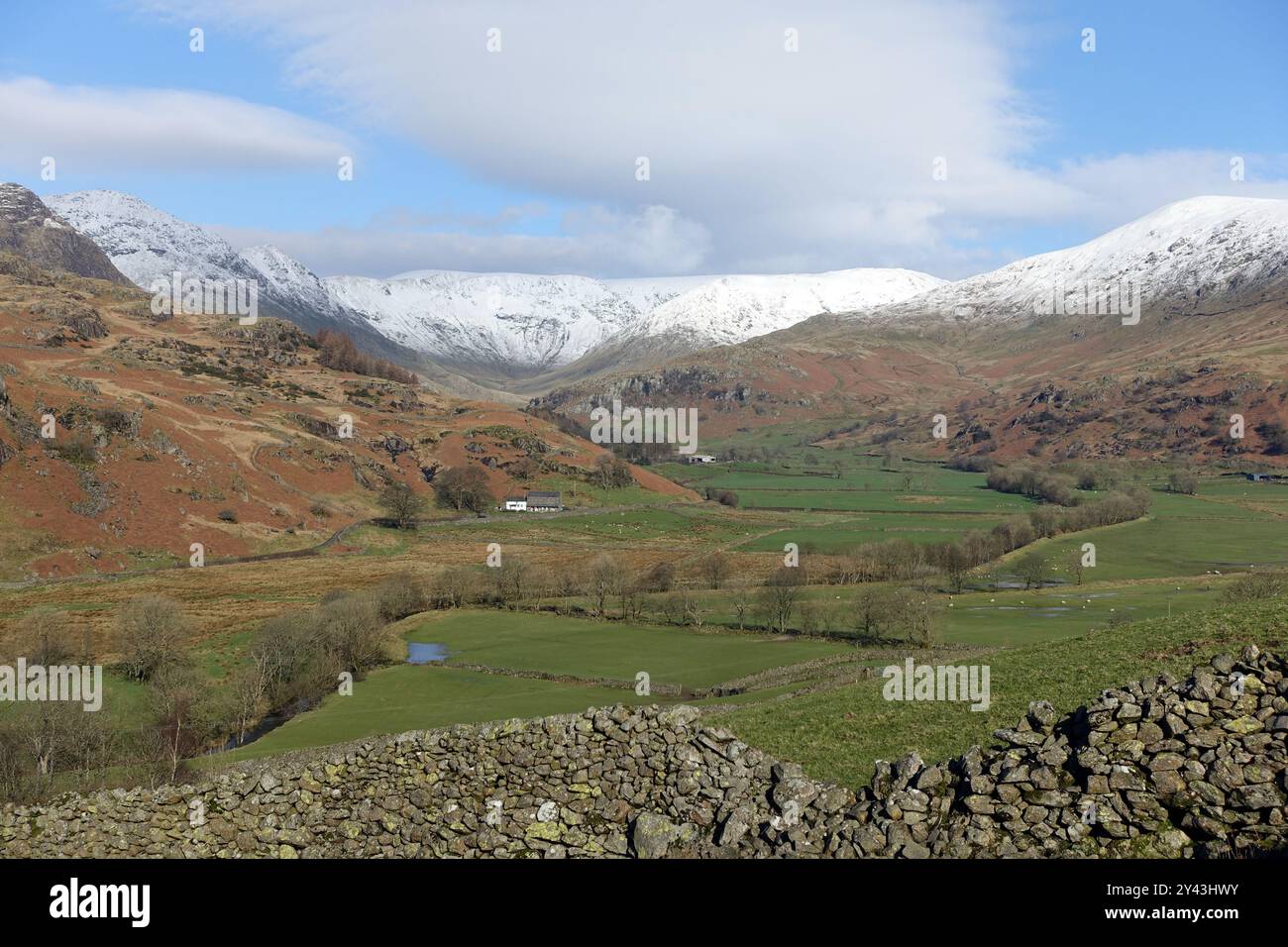 La Kentmere Valley e la Snow coprirono la catena montuosa "High Street" dal Cart Track a stile End nel Lake District National Park, Cumbria, Regno Unito Foto Stock