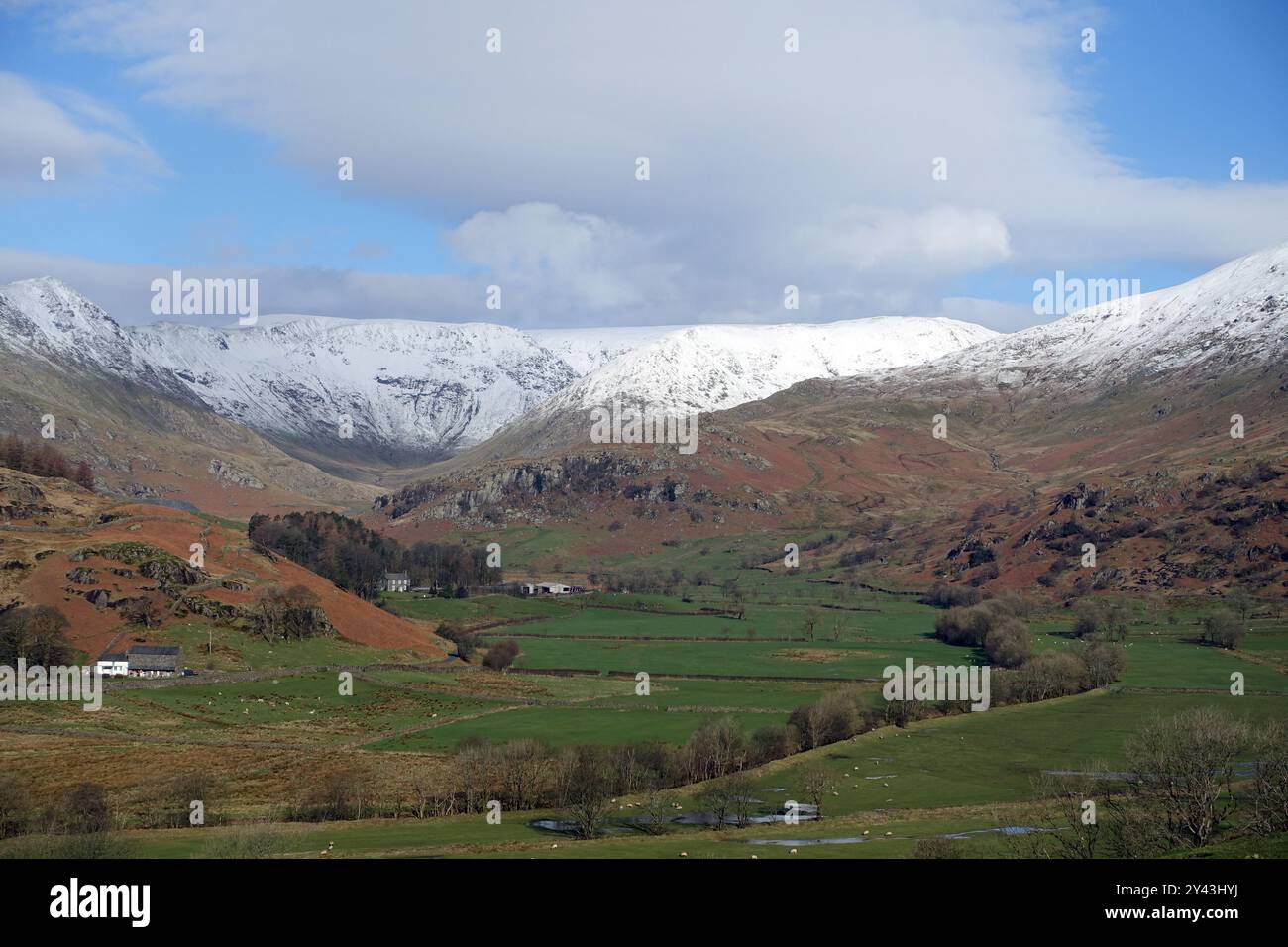 La Kentmere Valley e la Snow coprirono la catena montuosa "High Street" dal Cart Track a stile End nel Lake District National Park, Cumbria, Regno Unito Foto Stock