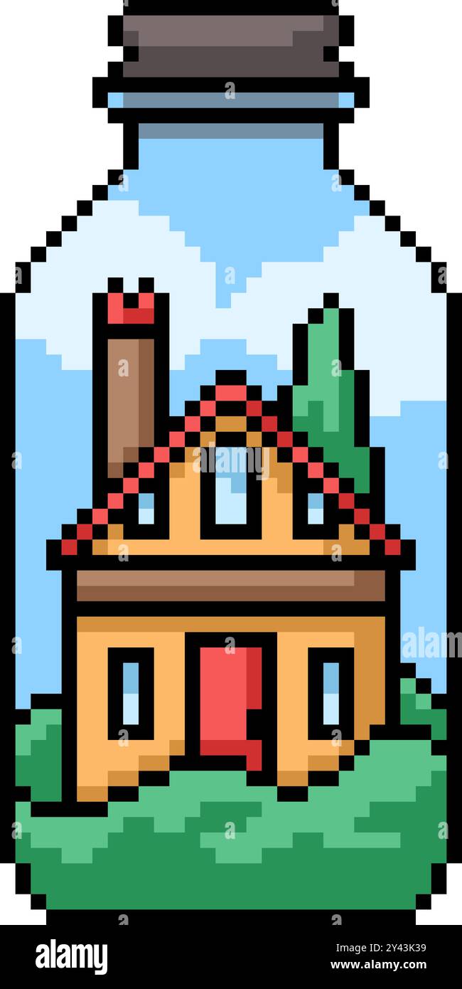 pixel art di casa in decorazione bottiglia sfondo isolato Illustrazione Vettoriale