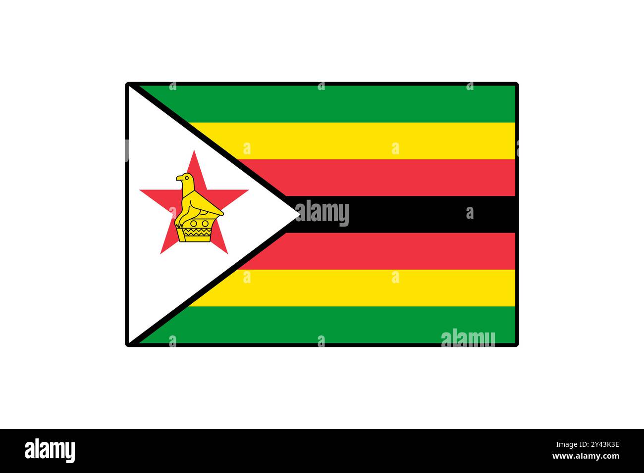 La bandiera dello Zimbabwe presenta un design audace con strisce verdi, gialle, rosse e nere, oltre a un distintivo triangolo bianco e un emblema di uccello dorato, che rappresenta l'identità nazionale e l'orgoglio. Illustrazione Vettoriale