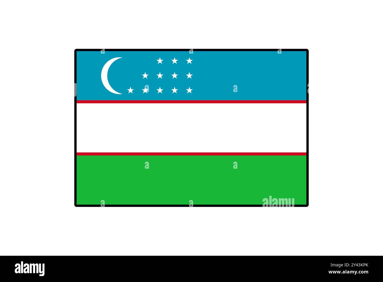 La bandiera dell'Uzbekistan dai colori vivaci presenta un campo blu con una luna crescente e stelle, una striscia bianca e una sezione verde inferiore, che simboleggia l'orgoglio e l'identità nazionale. Illustrazione Vettoriale