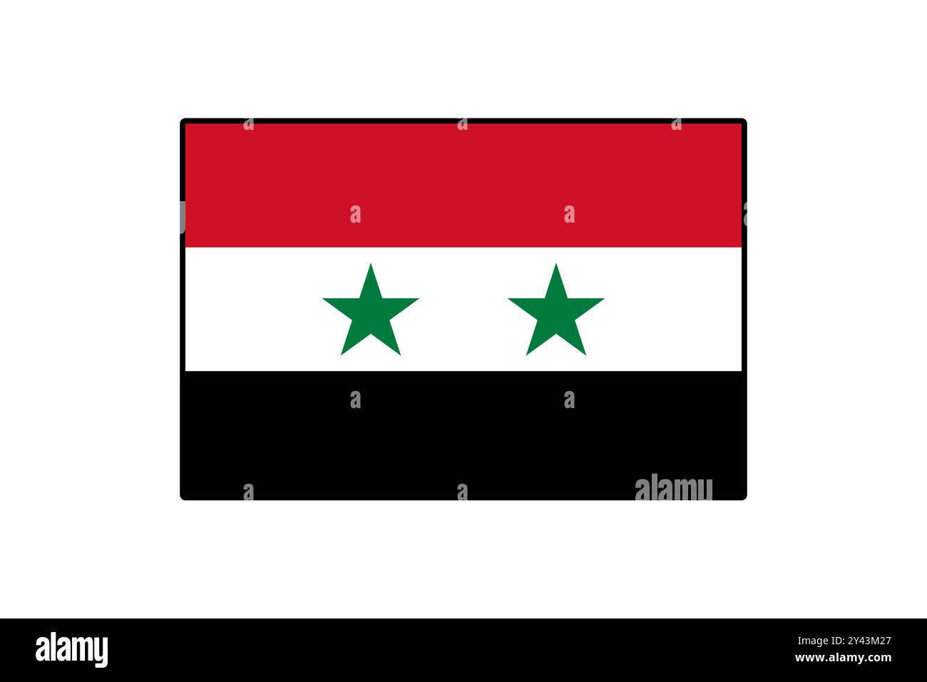 La bandiera della Siria presenta tre strisce orizzontali in rosso, bianco e nero con due stelle verdi. Rappresenta l'orgoglio nazionale e l'identità simboleggiando la Repubblica di Siria. Illustrazione Vettoriale