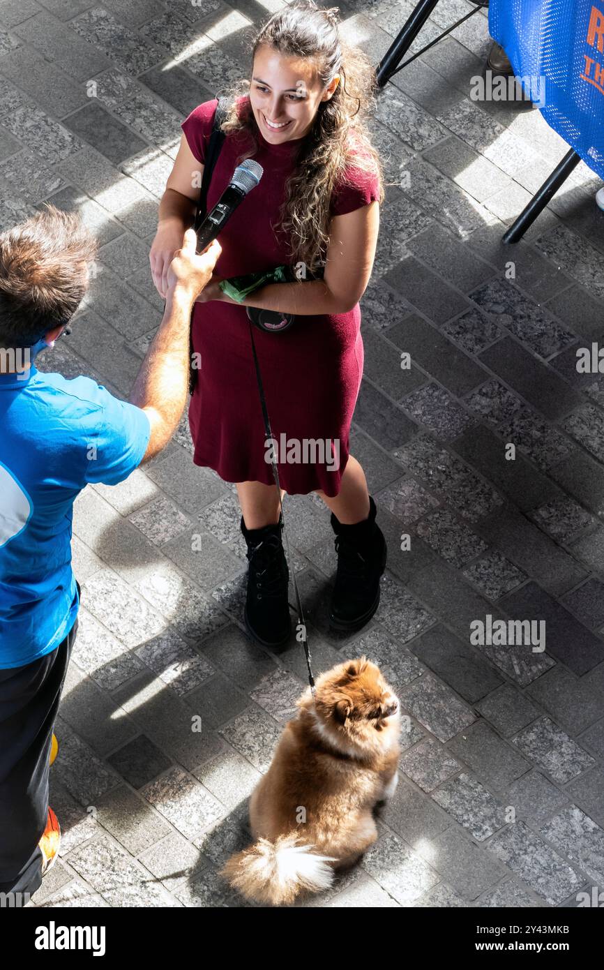 Cani della Pomerania alla mostra canina "Big Woof" Coal Drops yard Kings Cross Londra Regno Unito Foto Stock