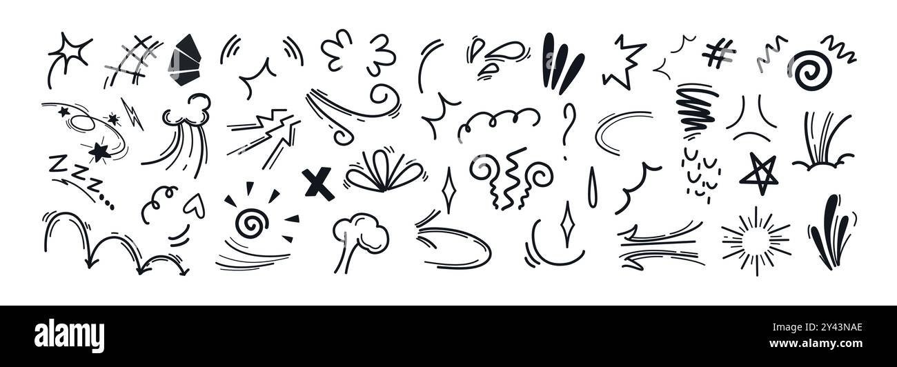Set di effetti animati. Elementi di movimento delle linee, simboli emozionali comici. Teneri puntini disegnati a mano, segni espressivi, linee d'azione, punti esclamativi. Esplosione del boom dei fumetti manga, esplosione di bombe Illustrazione Vettoriale