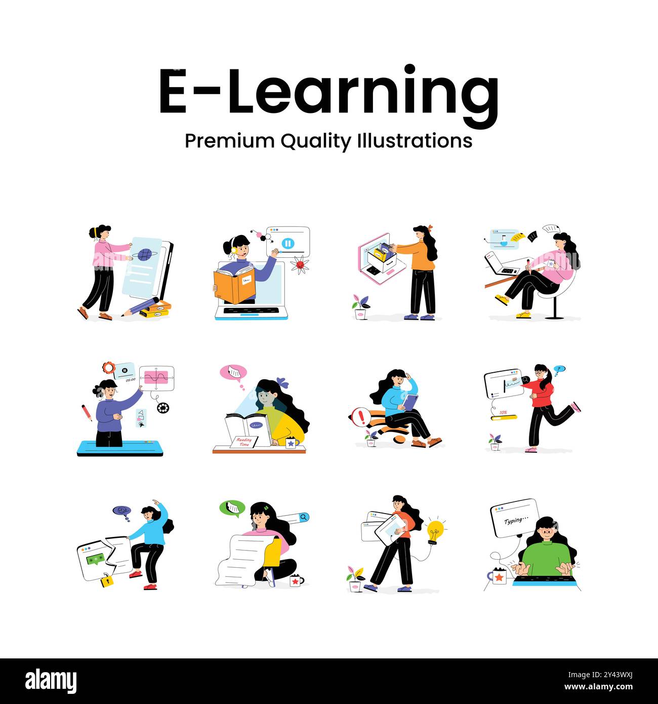 Prova questa straordinaria serie di illustrazioni piatte di e-learning ed esplorazione Illustrazione Vettoriale