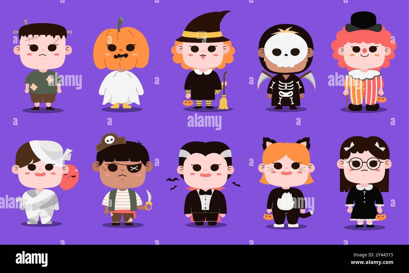 Simpatici bambini in costumi di Halloween su sfondo viola . Illustrazioni vettoriali stile cartoni animati. Illustrazione Vettoriale