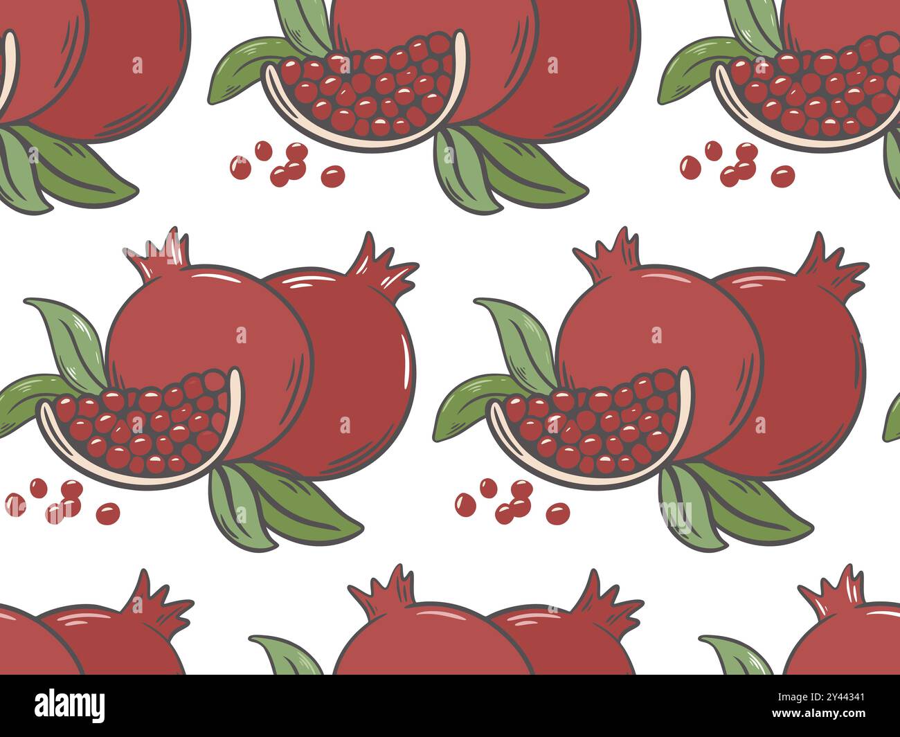 Melograni maturi su sfondo continuo. Frutta succulenta e colorata con motivo fogliame senza cuciture. Stampa di frutta per imballaggio, carta colorata, tessuto, vettore Illustrazione Vettoriale