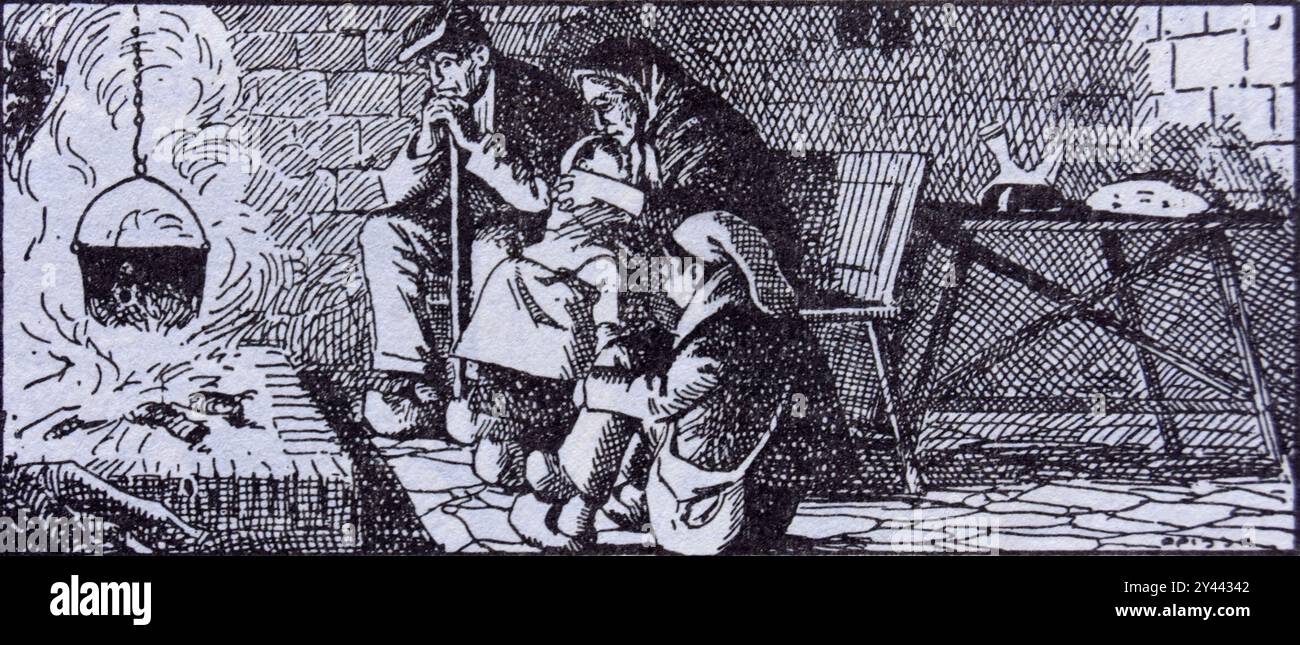 Scena di una famiglia all'interno di una sala da pranzo in una casa rurale in inverno. Diciannovesimo e inizio ventesimo secolo. Disegno dell'artista Opisso. Foto Stock Scena di una famiglia all'interno di una sala da pranzo in una casa rurale in inverno. Diciannovesimo e inizio ventesimo secolo. Disegno dell'artista Opisso. Foto Stock