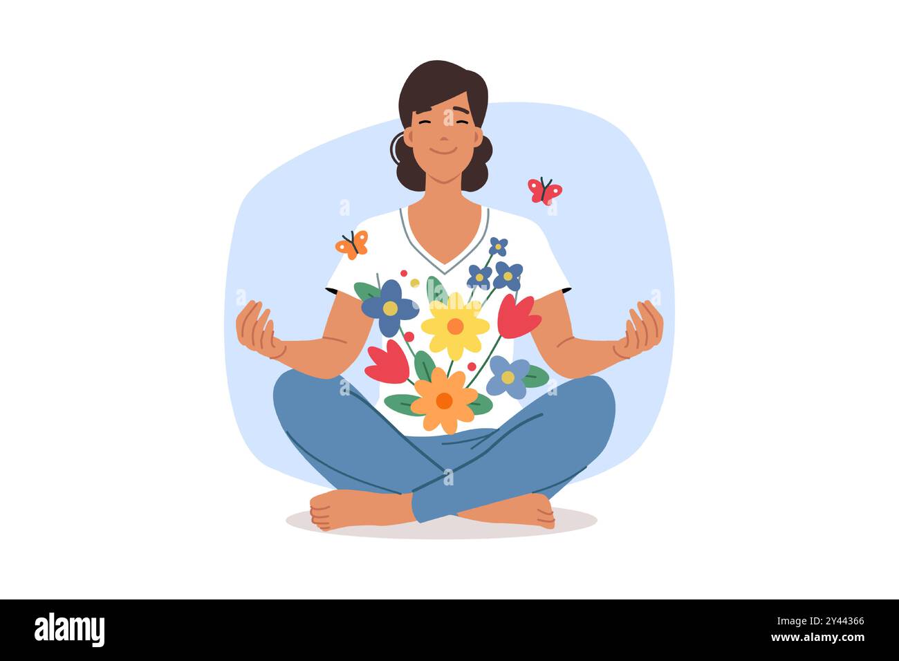 La donna meditante si siede in posizione di loto yoga e sente il comfort psicologico e fiori nell'anima Illustrazione Vettoriale