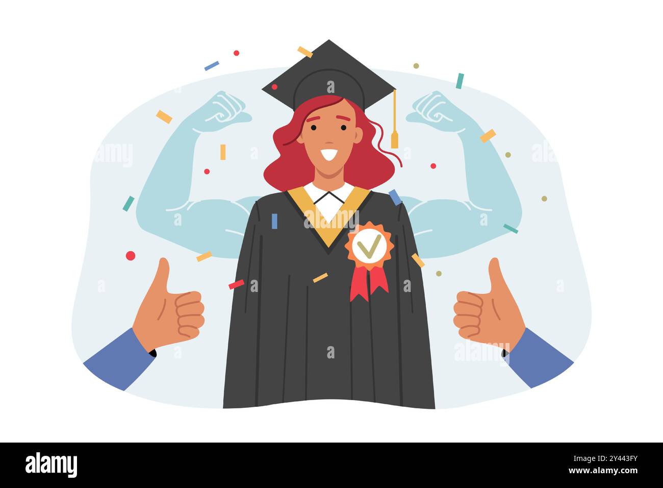 Donna laureata in vestaglia accademica, sentendosi forte e orgogliosa dopo aver completato gli studi Illustrazione Vettoriale