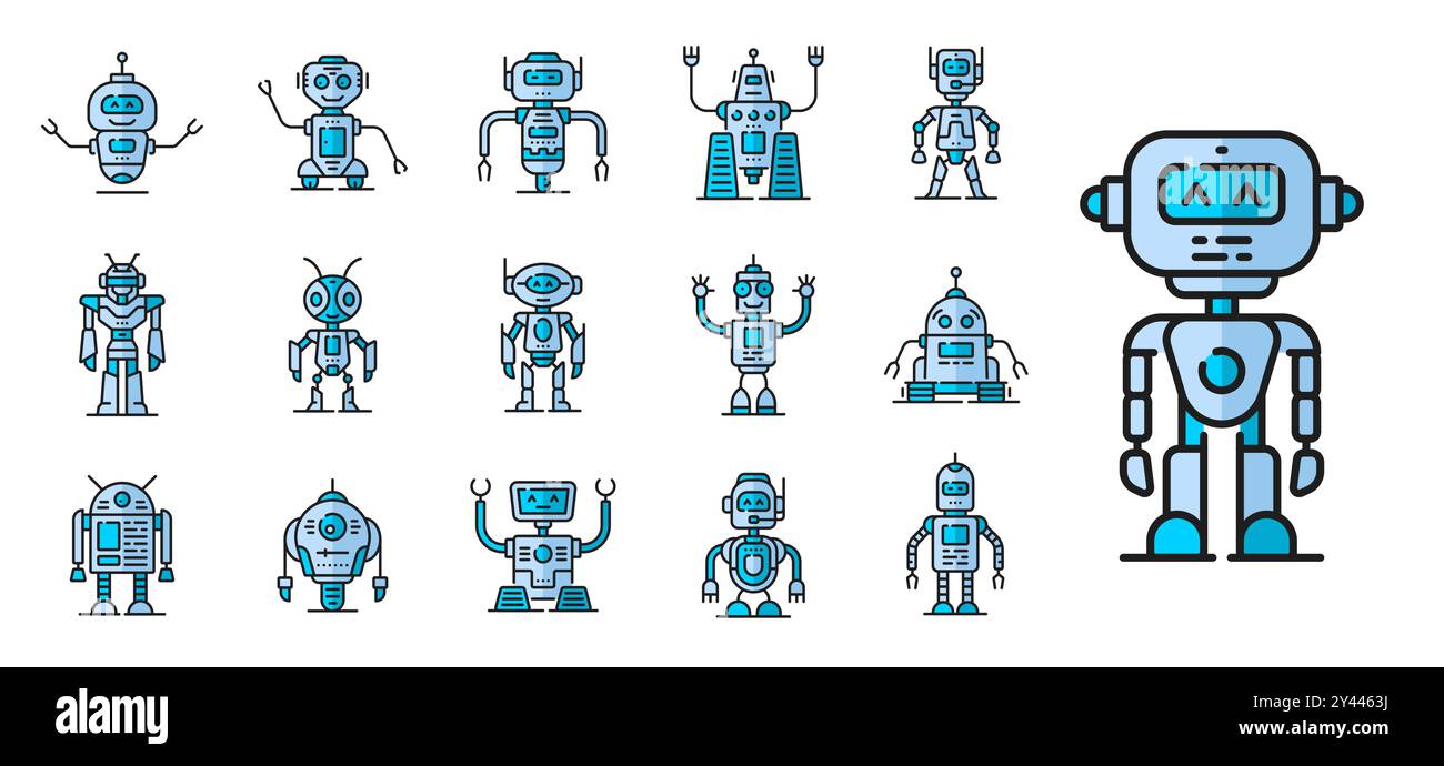 Colorare le linee del robot e le icone di contorno del cyborg giocattolo cartoni animati o robot android, personaggi vettoriali. Robot retrò con bracci meccanici e display facciale, macchina informatica o spazio alieno sulle ruote Illustrazione Vettoriale
