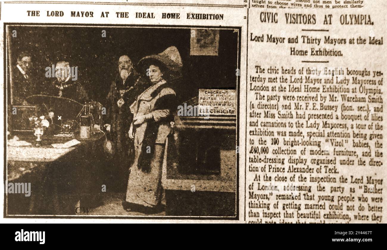 Un vecchio taglio di stampa che mostra il Lord Mayor di Londra, il medico Sir Thomas Boor Crosby, (1830 - 1916) in visita alla Ideal Home Exhibition a Olympia 1908 Foto Stock