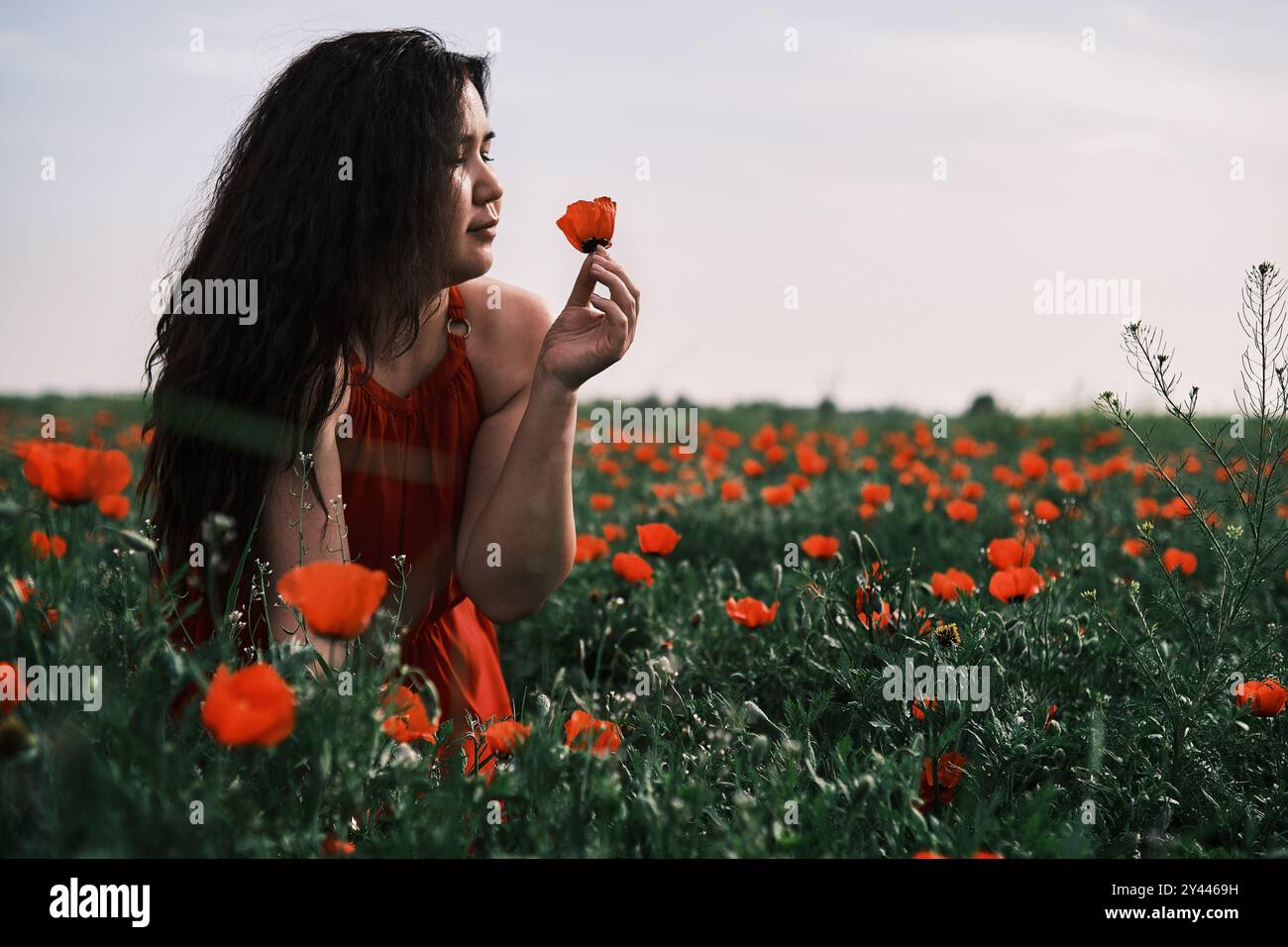 Donna in abito rosso tra fiori d'arancio Foto Stock