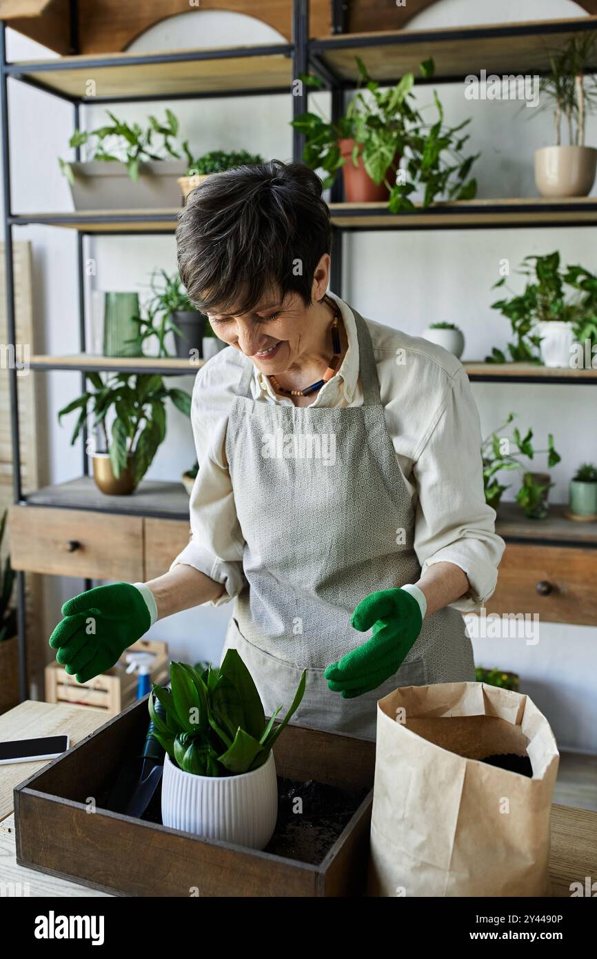 Una donna si prende cura con gioia delle sue piante indossando guanti da giardinaggio. Foto Stock