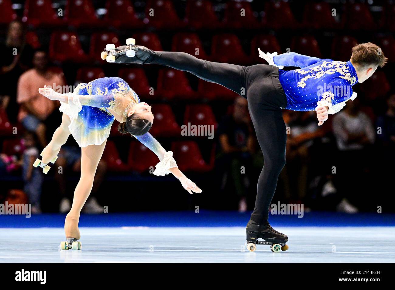MICOL MILLS & TOMMASO CORTINI (ITA), durante Senior Pairs, Short Program, agli Artistic World Skate Games 2024, alla Fiera di Rimini, il 15 settembre 2024 a Rimini. (Foto di Raniero Corbelletti/AFLO) Foto Stock