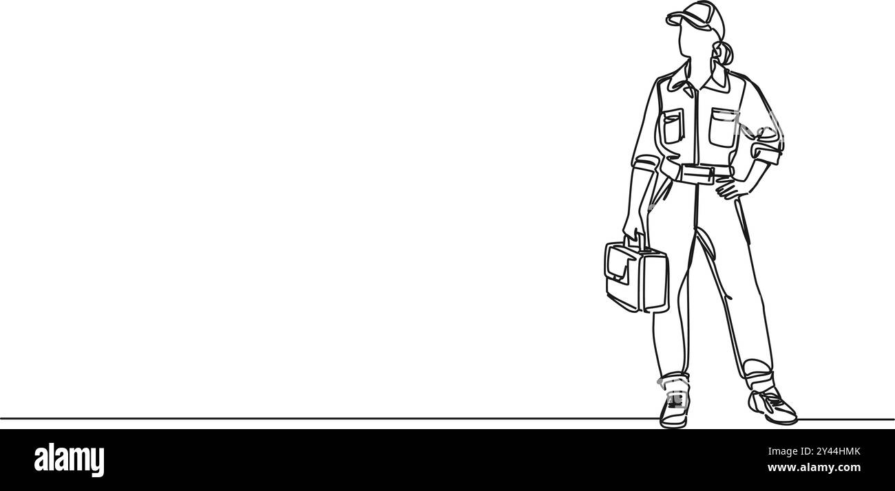 disegno continuo a linea singola di una donna meccanica o artigiana con borsa portautensili, illustrazione vettoriale line art Illustrazione Vettoriale