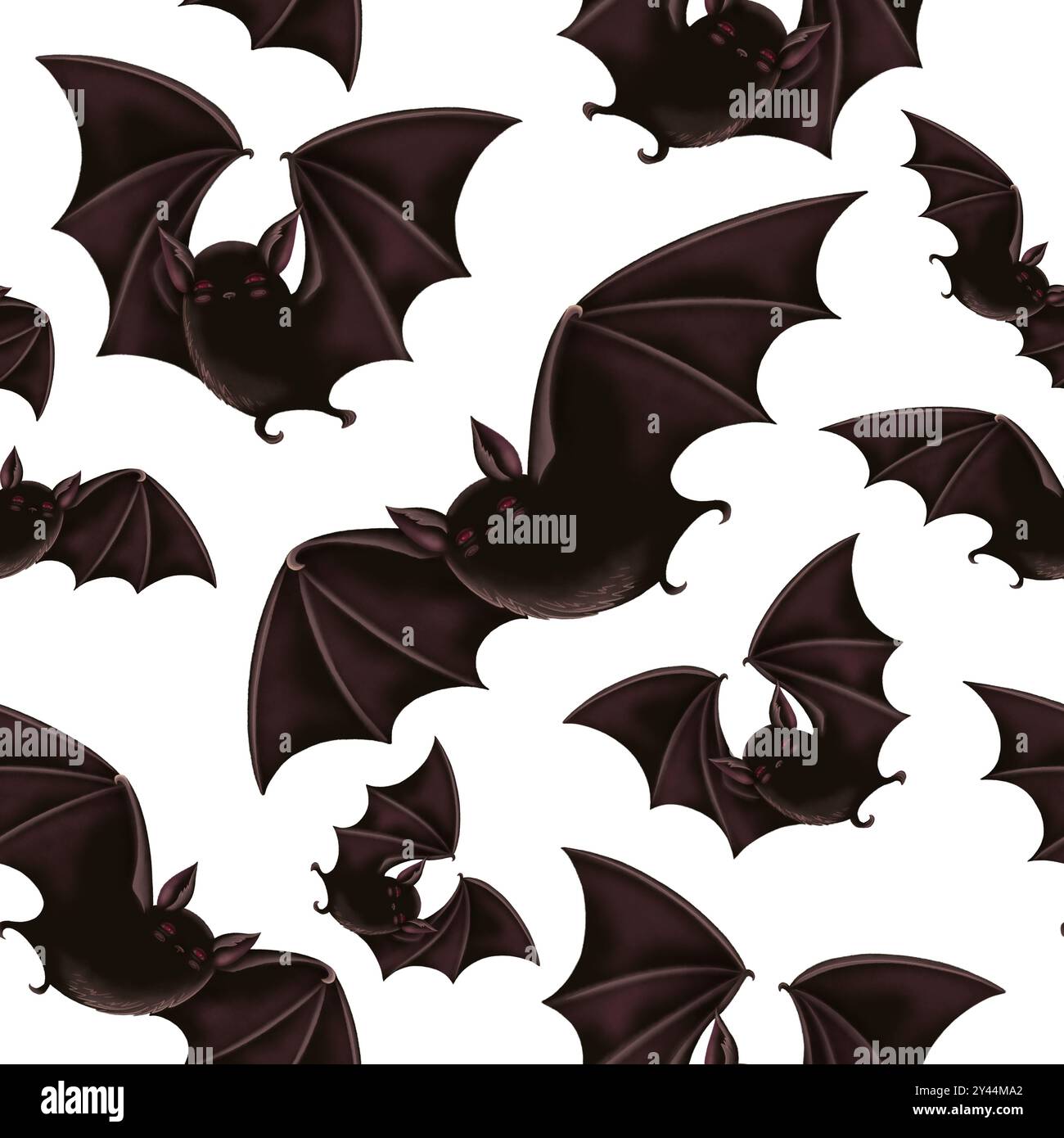 Motivo Halloween senza cuciture con pipistrello nero volante in stile cartoni animati. Design con sfondo scuro disegnato a mano. Superficie di texture mistica scura Foto Stock