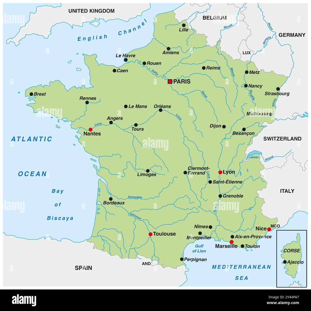 Mappa della Francia con le città e i fiumi più importanti Foto Stock
