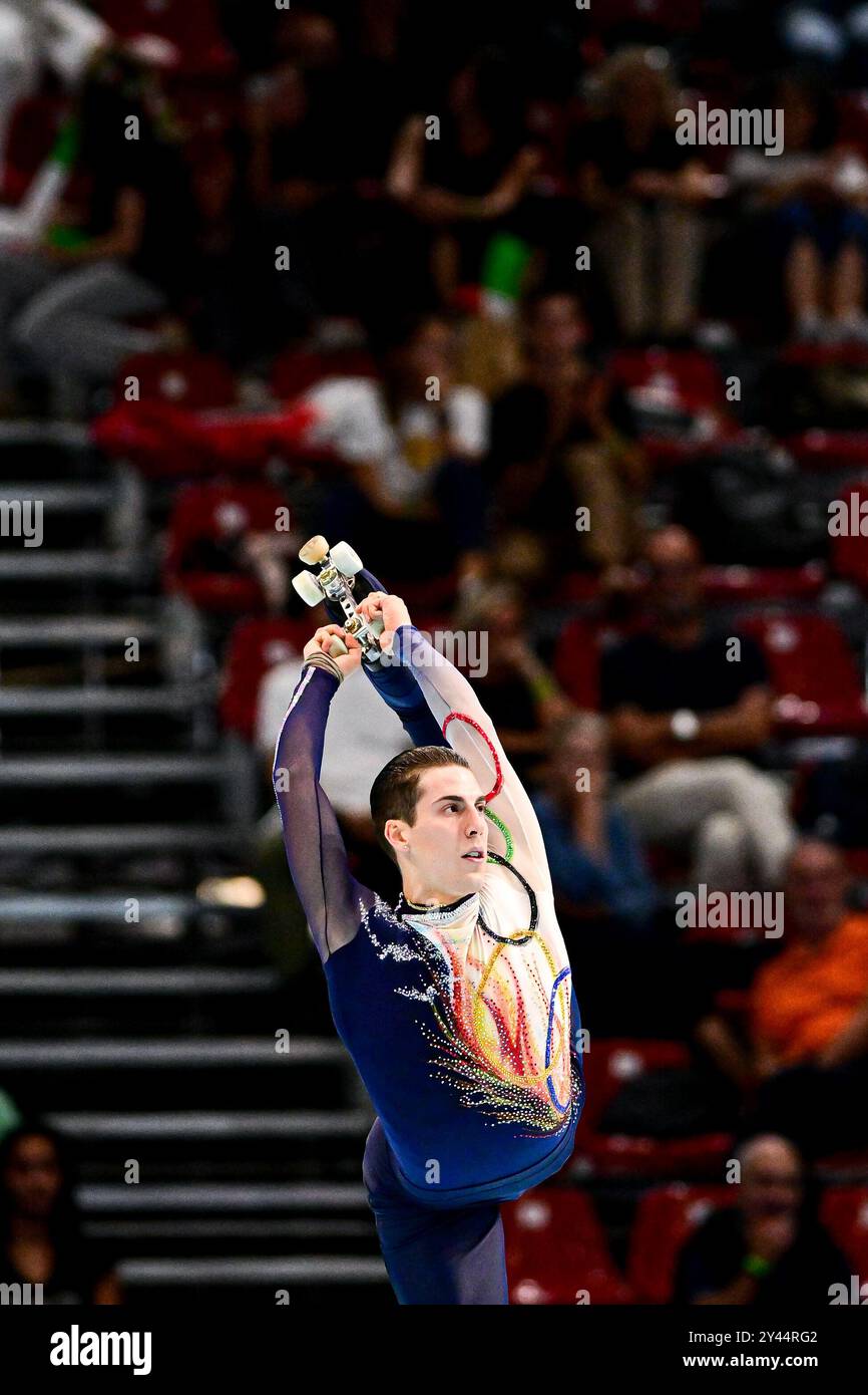 ALESSANDRO LIBERATORE (ITA), durante Senior Men, Long Program, agli Artistic World Skate Games 2024, alla Fiera di Rimini, il 14 settembre 2024 a Rimini. Crediti: Raniero Corbelletti/AFLO/Alamy Live News Foto Stock