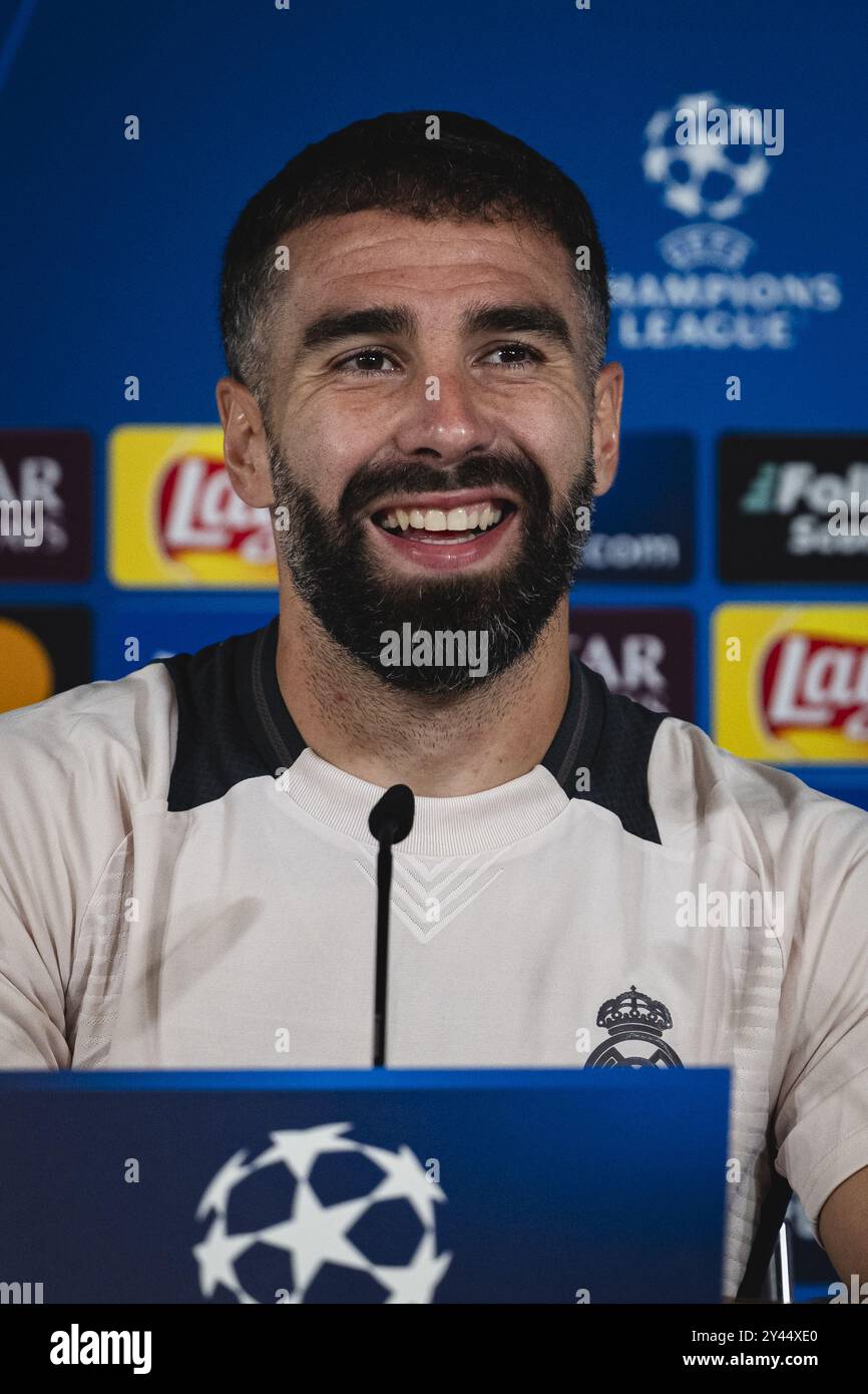 Daniel Carvajal del Real Madrid CF ha parlato durante la sessione di allenamento e la conferenza stampa del Real Madrid in vista della partita di calcio MD1 della Champions League 2024/25 contro il VfB Stuttgart al Ciudad Real Madrid il 16 settembre 2024 a Valdebebas, in Spagna. Foto Stock
