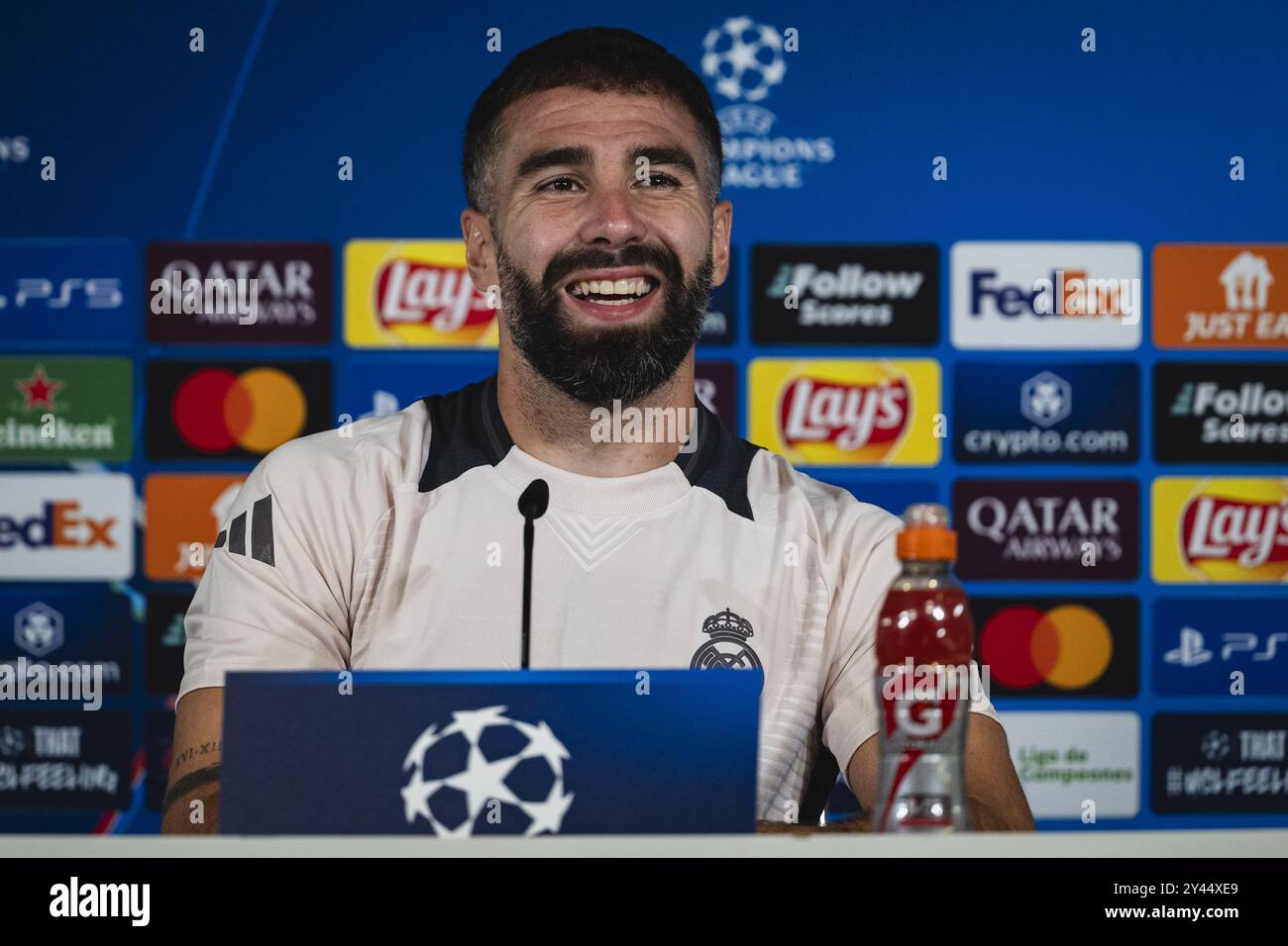 Daniel Carvajal del Real Madrid CF ha parlato durante la sessione di allenamento e la conferenza stampa del Real Madrid in vista della partita di calcio MD1 della Champions League 2024/25 contro il VfB Stuttgart al Ciudad Real Madrid il 16 settembre 2024 a Valdebebas, in Spagna. Foto Stock
