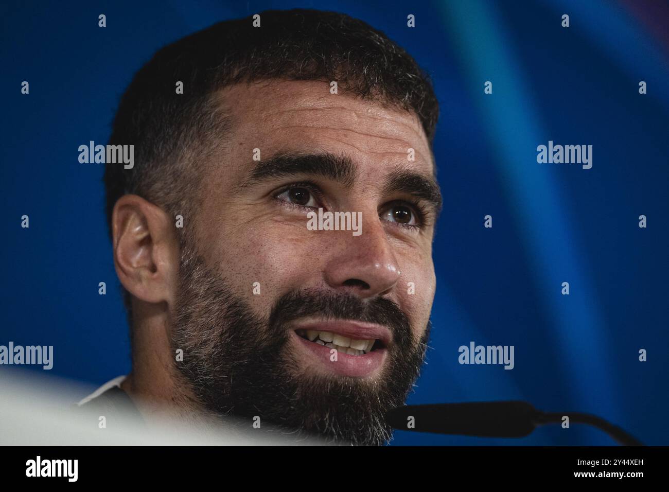 Daniel Carvajal del Real Madrid CF ha parlato durante la sessione di allenamento e la conferenza stampa del Real Madrid in vista della partita di calcio MD1 della Champions League 2024/25 contro il VfB Stuttgart al Ciudad Real Madrid il 16 settembre 2024 a Valdebebas, in Spagna. Foto Stock