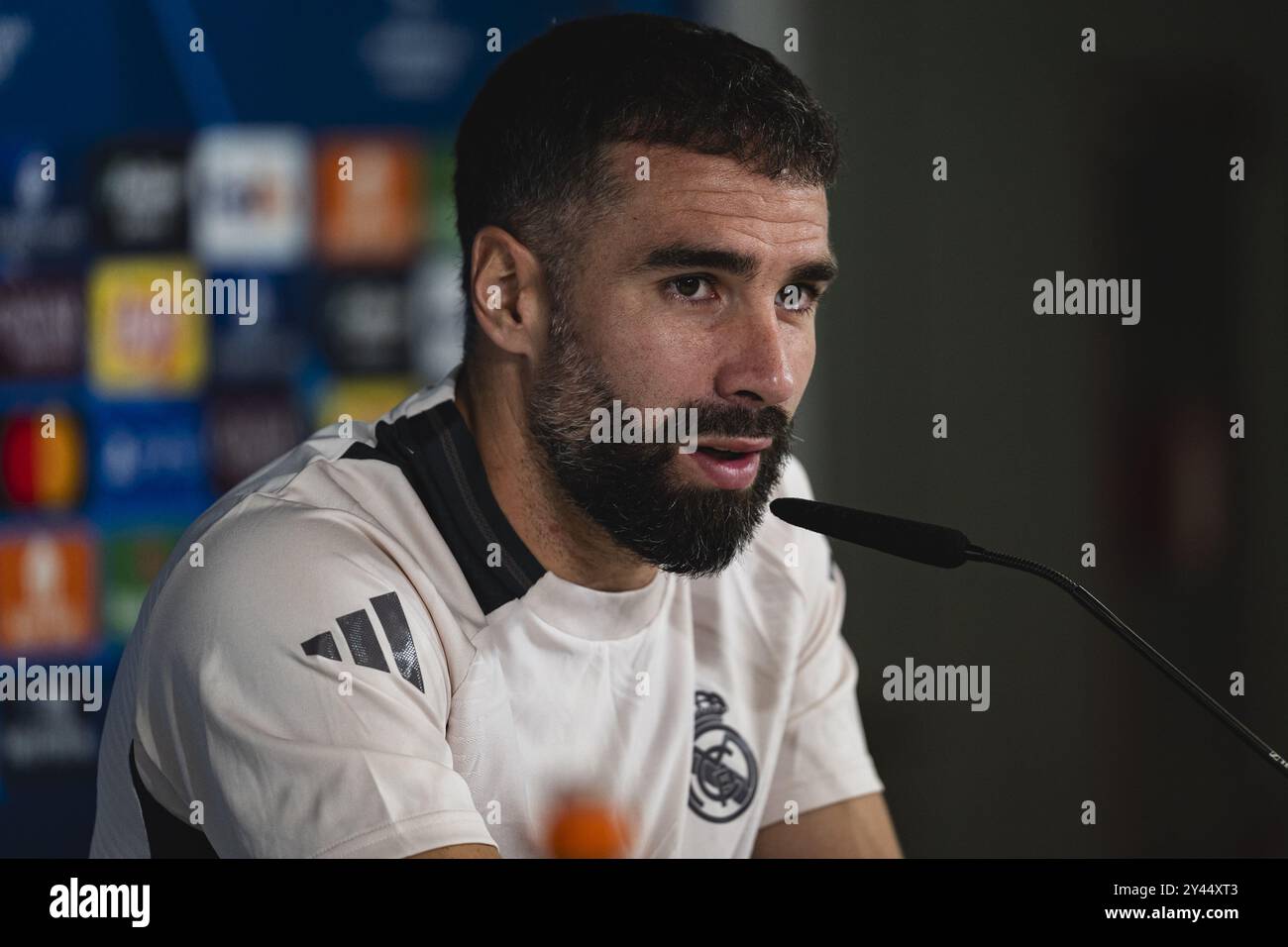 Daniel Carvajal del Real Madrid CF ha parlato durante la sessione di allenamento e la conferenza stampa del Real Madrid in vista della partita di calcio MD1 della Champions League 2024/25 contro il VfB Stuttgart al Ciudad Real Madrid il 16 settembre 2024 a Valdebebas, in Spagna. Foto Stock