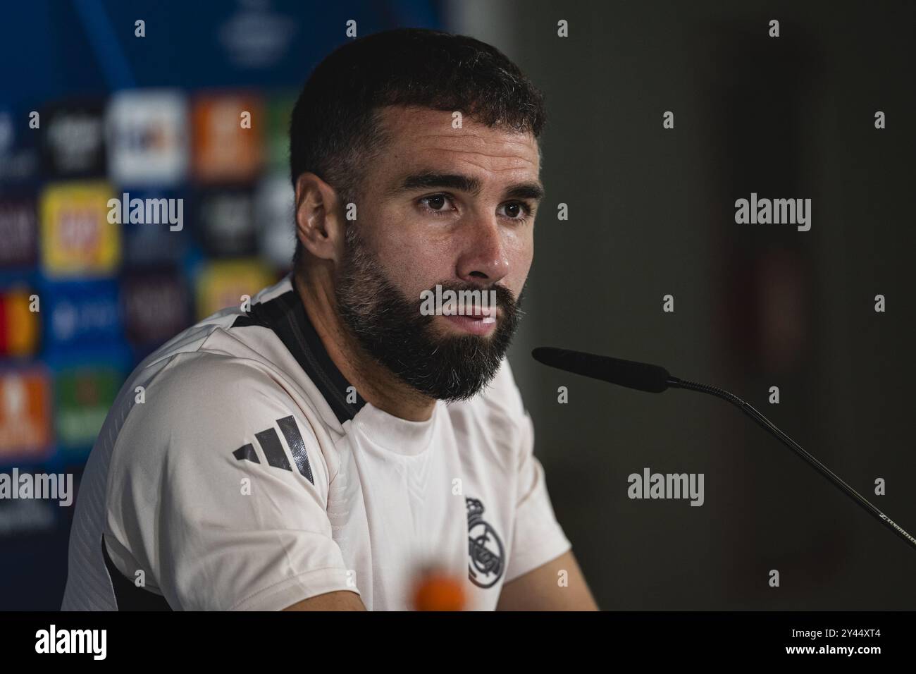 Daniel Carvajal del Real Madrid CF ha parlato durante la sessione di allenamento e la conferenza stampa del Real Madrid in vista della partita di calcio MD1 della Champions League 2024/25 contro il VfB Stuttgart al Ciudad Real Madrid il 16 settembre 2024 a Valdebebas, in Spagna. Foto Stock
