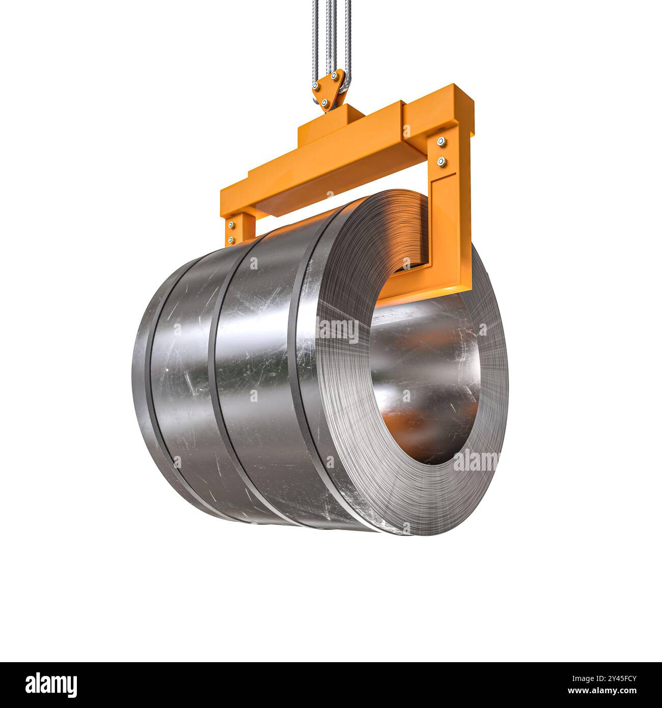 Gru industriale che solleva serpentine in metallo pesante nello stabilimento di produzione 3d. Foto Stock