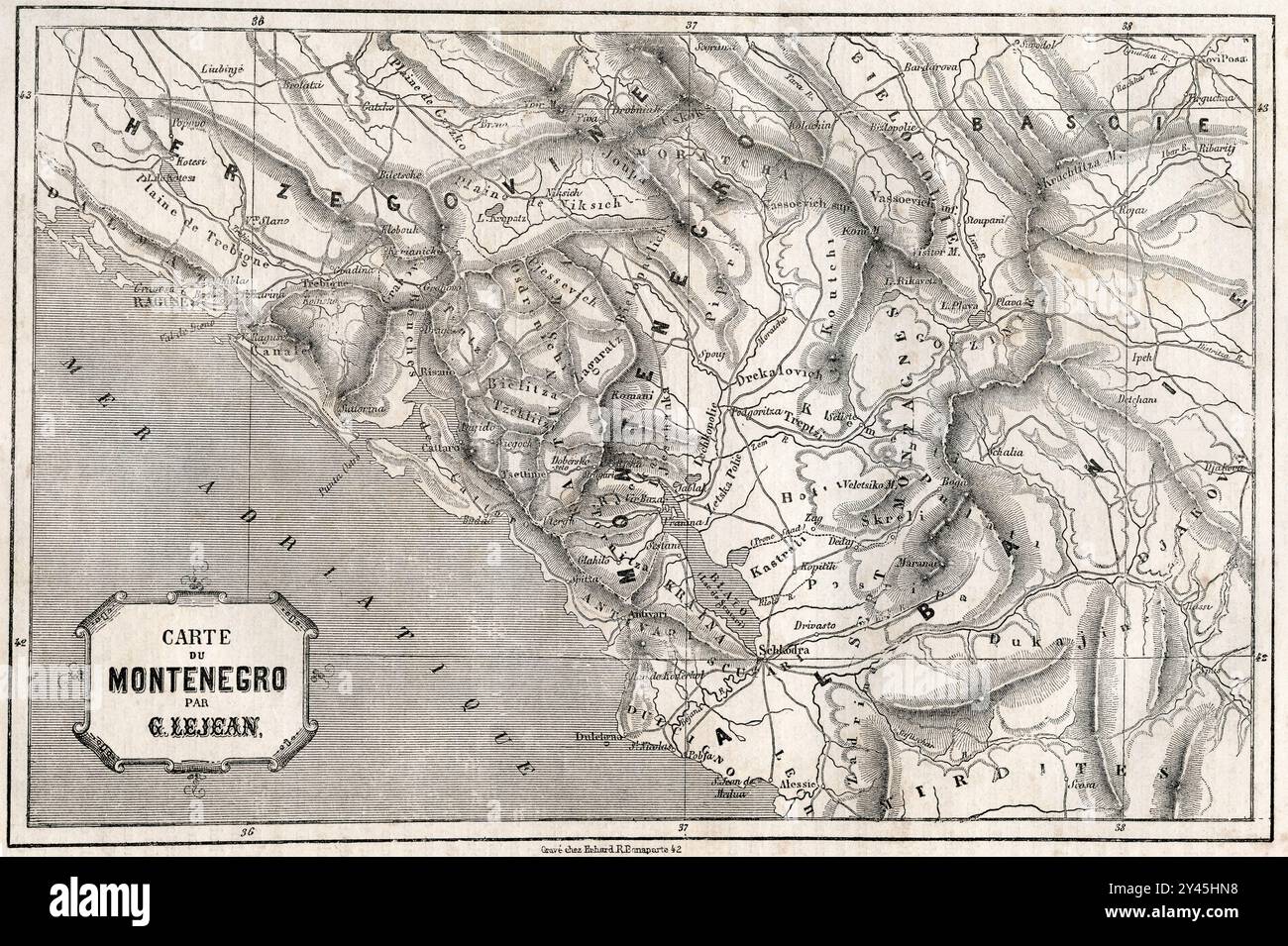 Mappa del Montenegro di Guillaume Lejean, (1824 - 1871). Geografo, etnografo ed esploratore francese. Da le Tour du Monde, pubblicato Parigi, 1860. Foto Stock