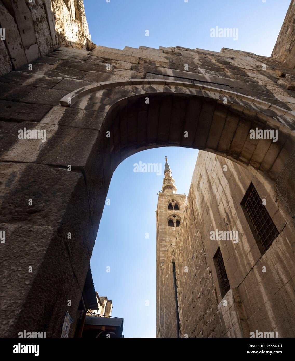 Minareto sudorientale, grande Moschea di Damasco Foto Stock