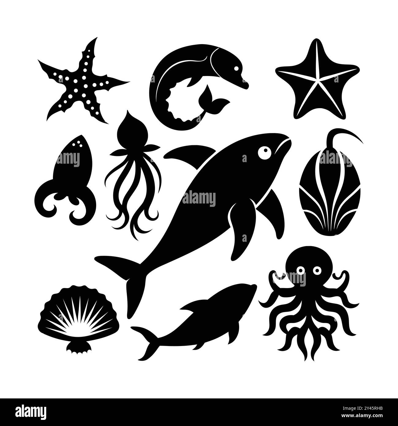 Icone minimaliste delle creature marine. Illustrazione Vettoriale