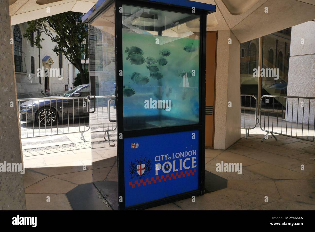 Opera Banksy di Piranhas nuoto su una scatola di sentinelle della polizia a Londra Foto Stock