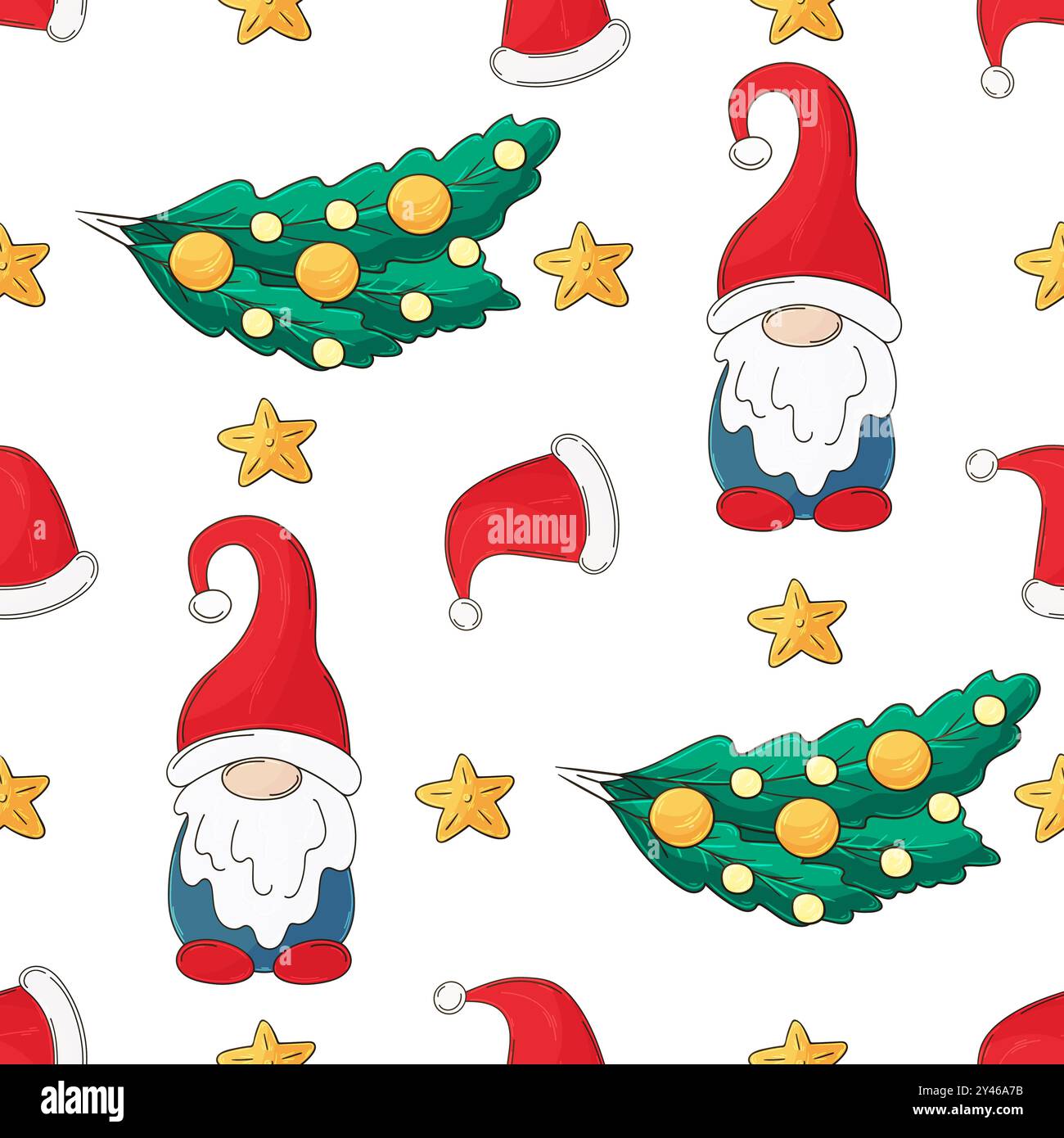 Vacanze di Natale. Motivo senza cuciture in stile disegno a mano. Cappelli di Capodanno, gnomi. Può essere utilizzato per tessuti Illustrazione Vettoriale