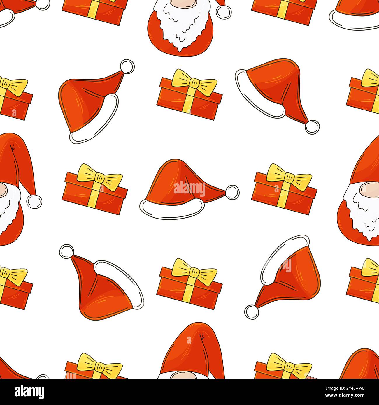 Vacanze di Capodanno. Motivo senza cuciture in stile disegno a mano. Cappello di Natale, regali. Può essere utilizzato per tessuti e così via Illustrazione Vettoriale