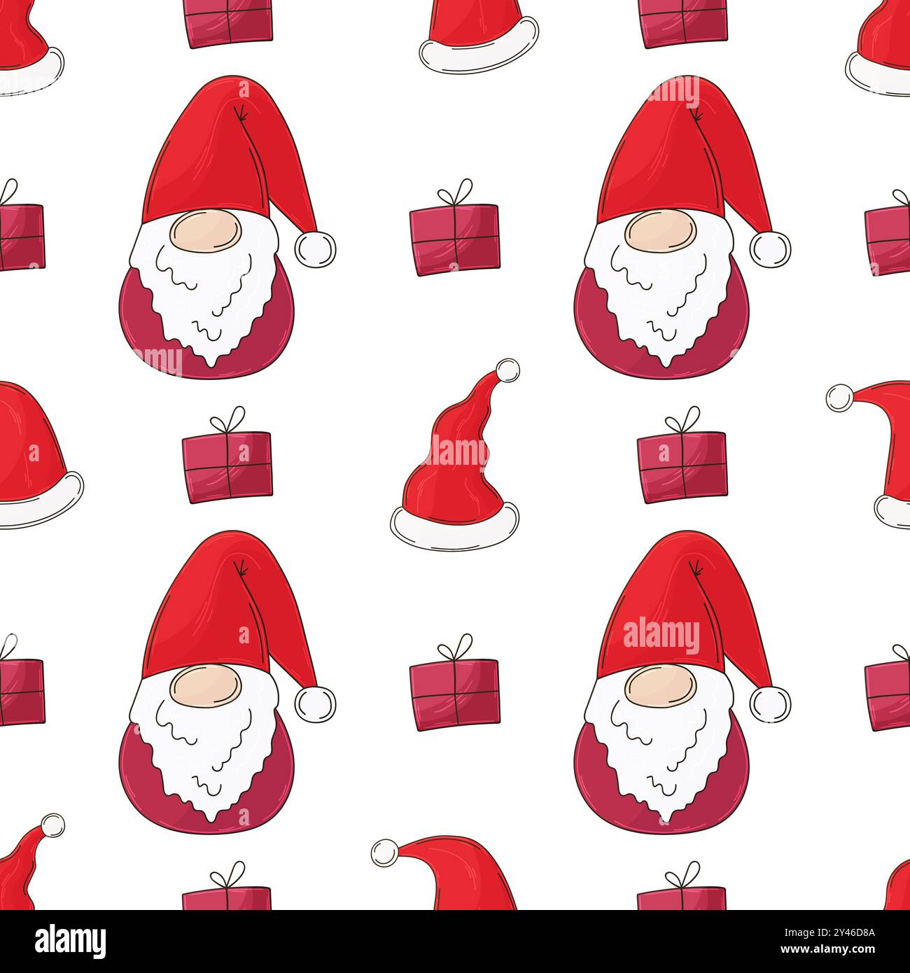 Vacanze di Natale. Motivo senza cuciture in stile disegno a mano. Cappelli di Capodanno, gnomi. Può essere utilizzato per tessuti e così via Illustrazione Vettoriale