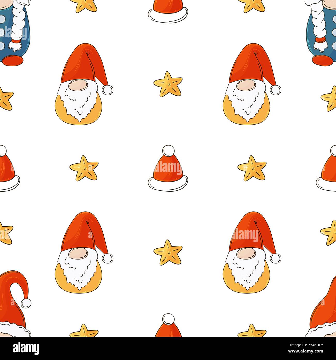 Vacanze di Natale. Motivo senza cuciture in stile disegno a mano. Cappelli, gnomi, regali di Capodanno. Può essere utilizzato per tessuti Illustrazione Vettoriale