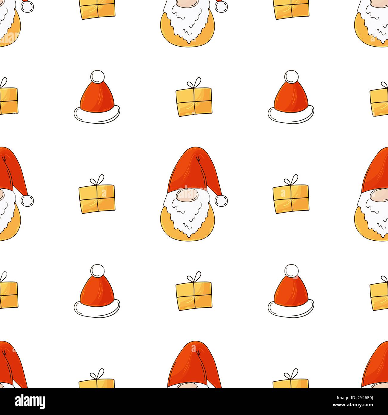 Vacanze di Natale. Motivo senza cuciture in stile disegno a mano. Cappelli, gnomi, regali di Capodanno. Può essere utilizzato per tessuti e così via Illustrazione Vettoriale