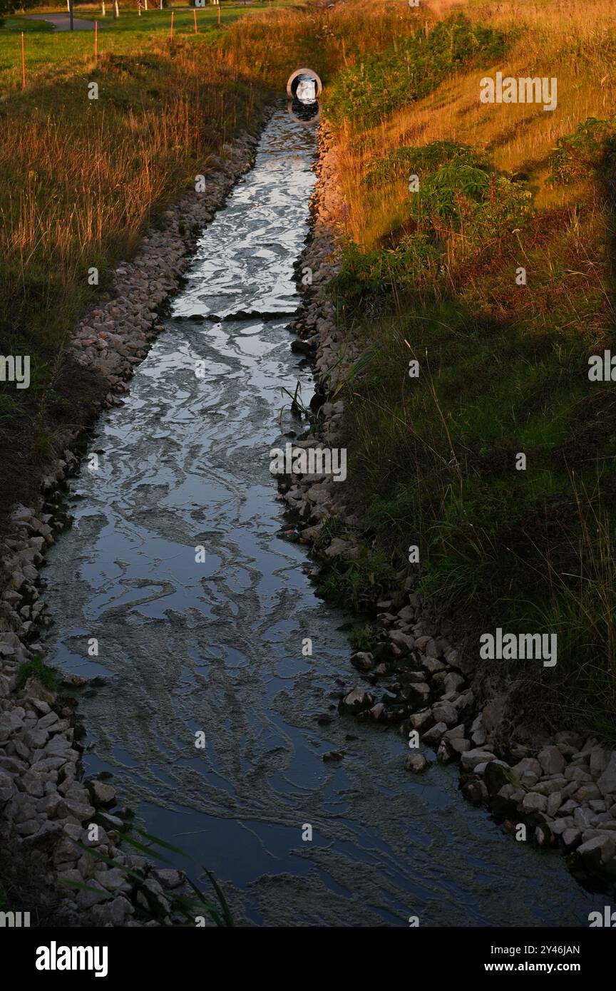 Questa foto mostra un piccolo fosso di drenaggio o irrigazione con acqua stagnante che scorre attraverso di esso, fiancheggiato da rocce su entrambi i lati. L'area circostante Foto Stock