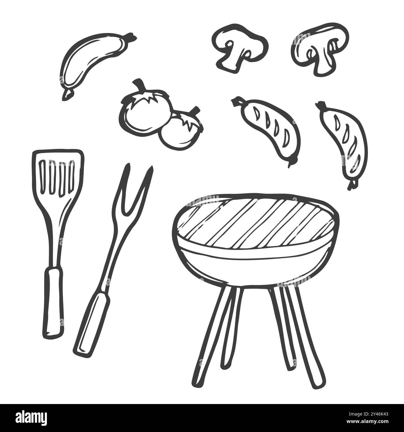 Set di spaghetti disegnati a mano per barbecue. BBQ Vector Illustration Barbecue party Sketch. Utensili per barbecue legna da ardere a carbone Illustrazione Vettoriale
