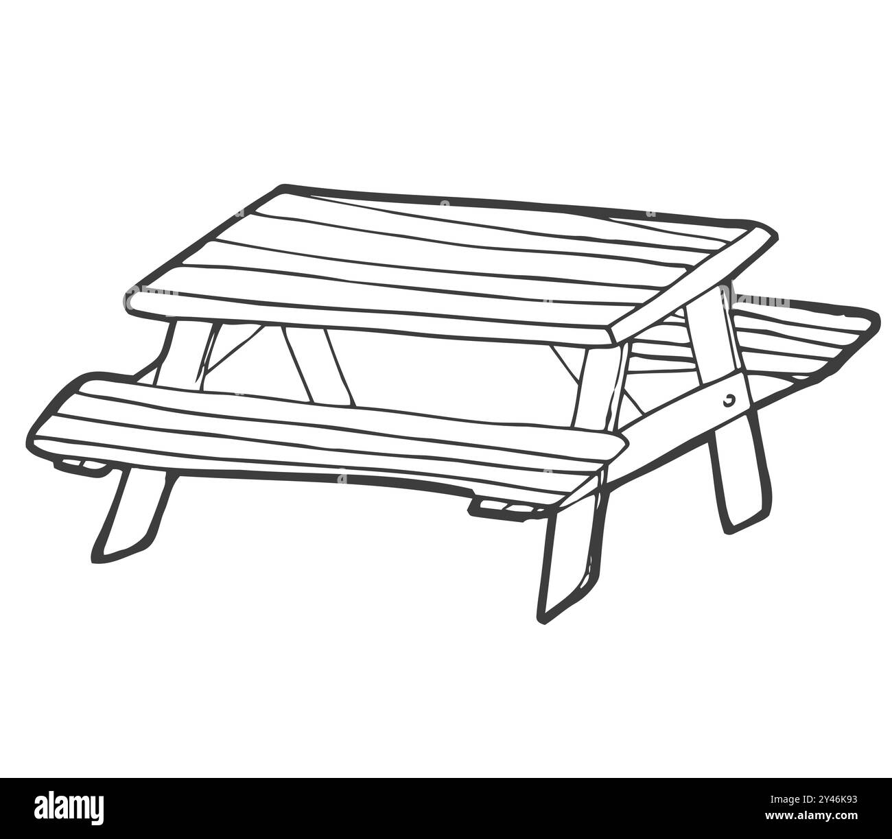 Illustrazione vettoriale disegnata a mano del tavolo da picnic del parco con panche. Stile fumetto isolato Illustrazione Vettoriale