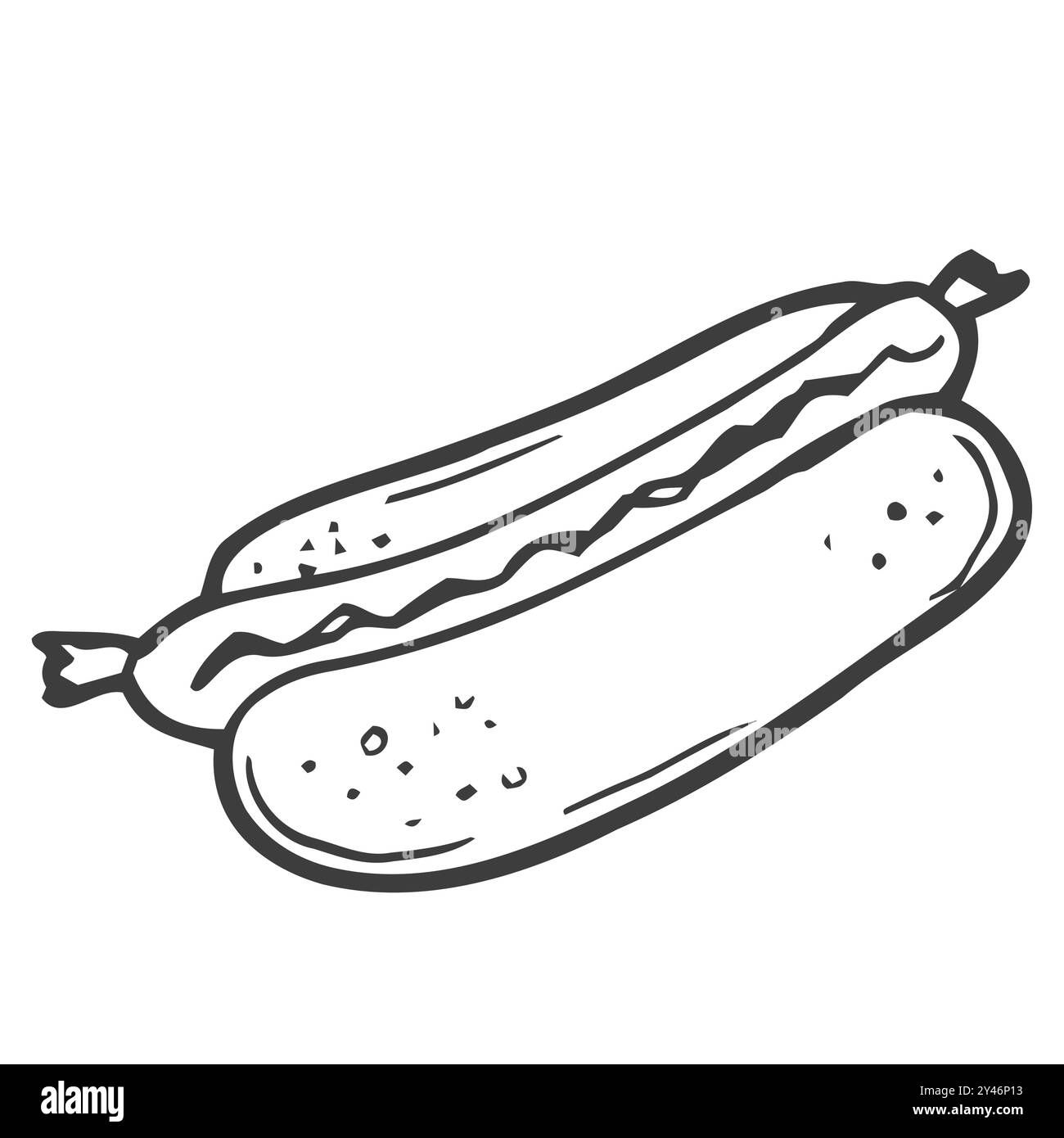 Illustrazione vettoriale. Doodle disegnato a mano di hot dog con senape. Cibo malsano. Schizzo del cartone animato. Decorazioni per menu, insegne, vetrine, saluti Illustrazione Vettoriale