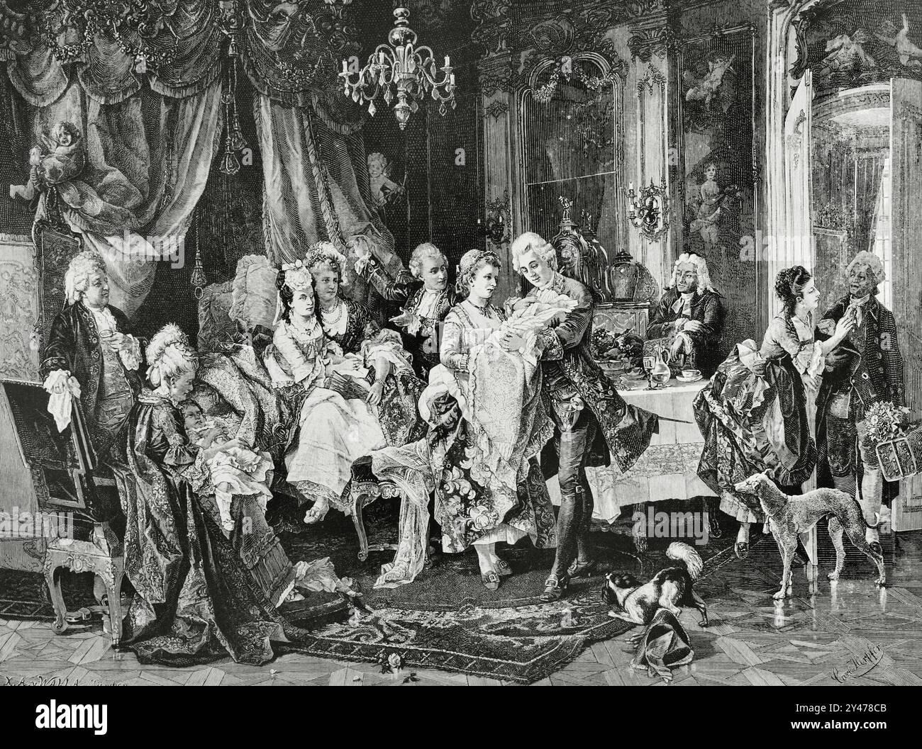 Società europea del XVIII secolo. Ritorno dal battesimo. Scena di costumi aristocratici al tempo di Luigi XV. Il battesimo è appena tornato dalla chiesa parrocchiale. L'infermiere presenta il neonato agli ospiti. Incisione di Walla dopo un dipinto di Carl Herpfer (1836-1937). La Ilustración Española y americana (The Spanish and American Illustration), 15 gennaio 1884. Foto Stock