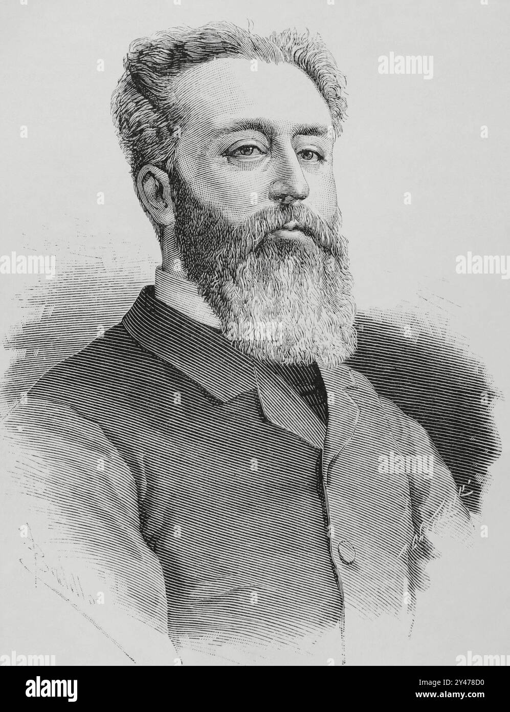 Alejandro Pidal y Mon (1846-1913). Giurista, politico e accademico spagnolo. Ministro dei lavori pubblici (1884-1885) in un governo di Cánovas del Castillo. Membro e direttore della Real Academia Española (Accademia reale spagnola). Nel 1881 fondò il partito Unión Católica. Presidente del Congresso dei deputati (1891-1893, 1896-1898 e 1899-1900). Verticale. Disegno di Badillo. Incisione di Arturo Carretero (1852-1903). La Ilustración Española y americana (The Spanish and American Illustration), 8 febbraio 1884. Foto Stock
